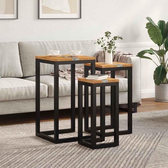 Set van 3 nesttafels van massief teakhout, bijzettafels met kunsthars en glas, ruimtebesparende salontafels voor de woonkamer