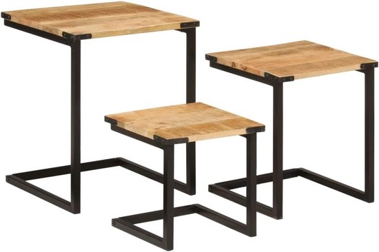 Set van 3 salontafels van massief mangohout en ijzer, schuiftafels