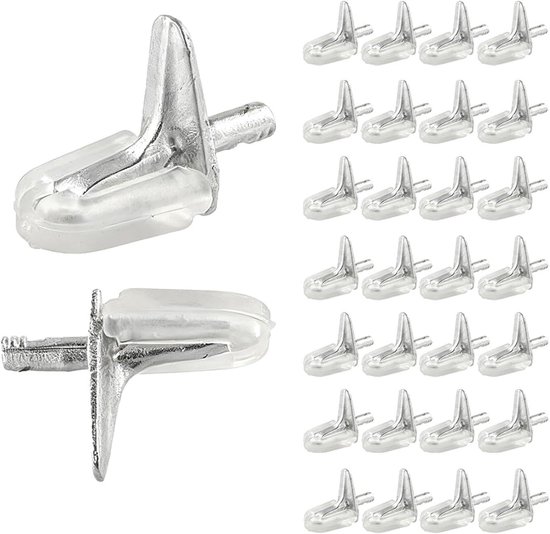 Set van 30 Plastic Plankensteunen met Stalen Pen, 3mm Glasplanksteunen voor Kasten en Boekenkasten, Onzichtbare L-vormige Plankhouders voor Meubels