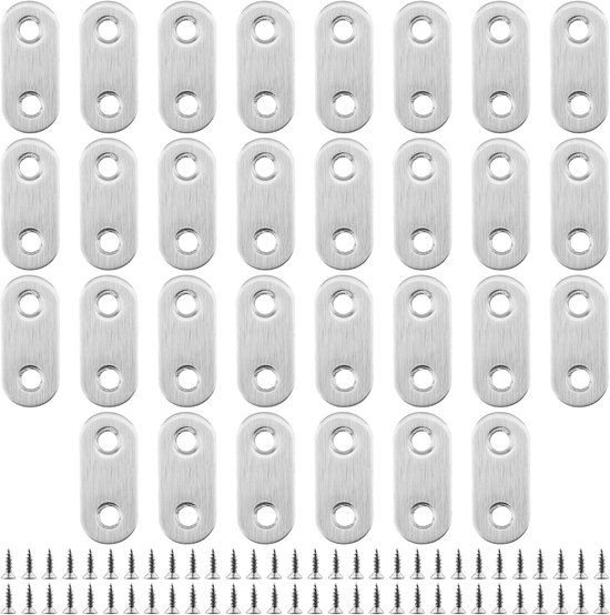 Set van 30 RVS Verbindingselementen 37 x 16mm - Stevige Platen voor Meubelreparatie, Verbinden en Ondersteunen met Schroeven