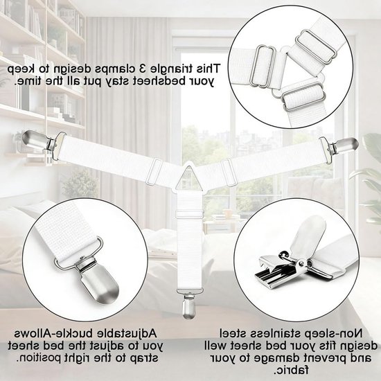 Set van 4 bedlakenclips voor hoeslakens, elastische banden voor matrasbeveiliging en tafelkleden