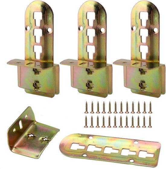 Set van 4 Bedverbindingen voor Hoekbedden, Verstelbare Hoogte, Inclusief 24 Schroeven voor Middenbalk en Lattenbodem, Metalen Steun, Hoogte: 140 mm