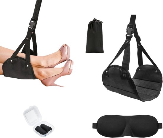 Set van 4 Draagbare Voetsteunen voor Vliegtuigen met Oogmasker, Oordopjes en Opbergtas voor Comfort en Ontspanning tijdens Lange Vluchten