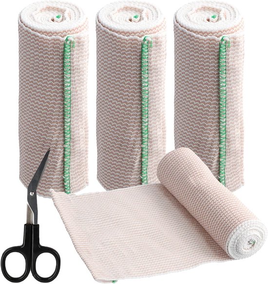 Set van 4 Elastische Sanitaire Maandverbanden, 15 cm x 4,5 m, Stevige Ondersteuning voor Blessures aan Enkel, Arm of Been, Ideaal voor Sport en Compressie