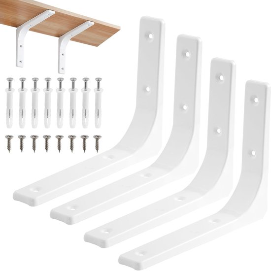 Set van 4 Hoeksteunen voor Planken, 90 Graden Metalen Steunen, Zware Hoekbeugels voor Wandmontage, Ideaal voor Opbergruimte en Decoratie, 200 x 150mm Wit