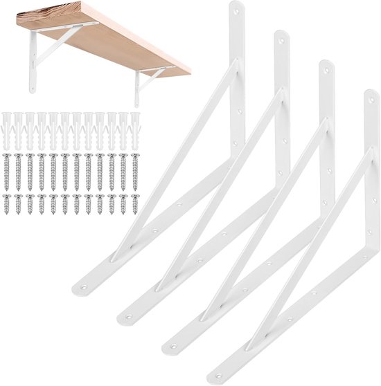 Set van 4 Hoeksteunen voor Planken, Zwarte Wandmontage, 90 Graden, Sterke Metalen Driehoeksteun voor Plankondersteuning, Ideaal voor Opbergruimte en Decoratie (355 x 200 x 25 mm)