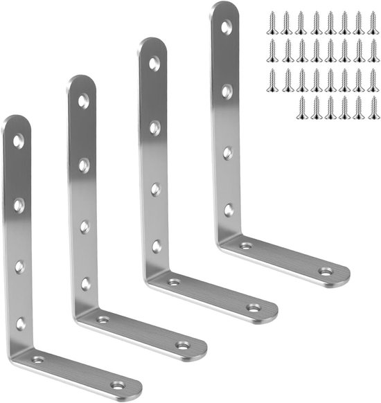 Set van 4 Hoekverbinders van RVS, 125x75x3mm, voor Meubelconstructie en Plankondersteuning met Schroeven en Ankers - L-vormige Hoeksteunen voor 90 Graden Versterking