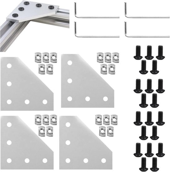 Set van 4 L-vormige verbindingsplaten met 5 gaten, hoeksteun voor meubels, inclusief M5 T-moer, schroeven en sleutel voor stevige bevestiging