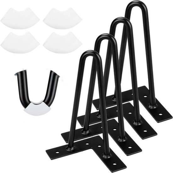 Set van 4 metalen haarclips van 20 cm voor meubelpoten, zwart met rubberen vloerbescherming voor tv-meubels en banken