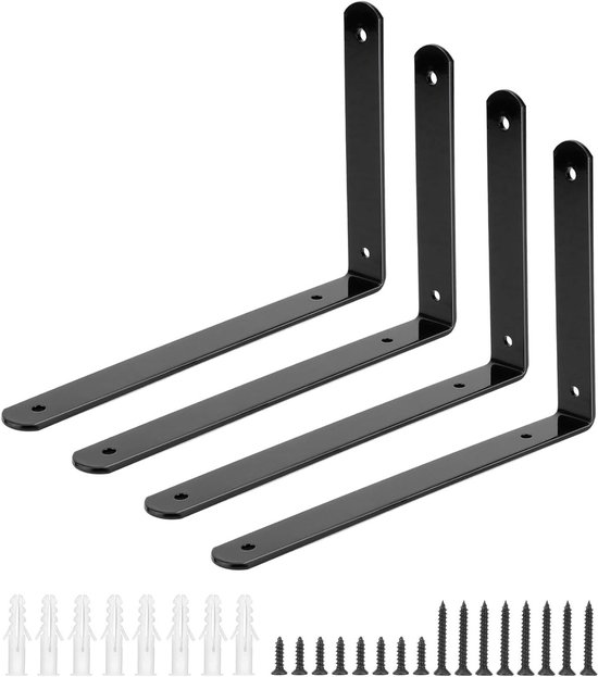 Set van 4 metalen planksteunen 15x25cm, 90 graden wandmontage voor stevige planken en meubels