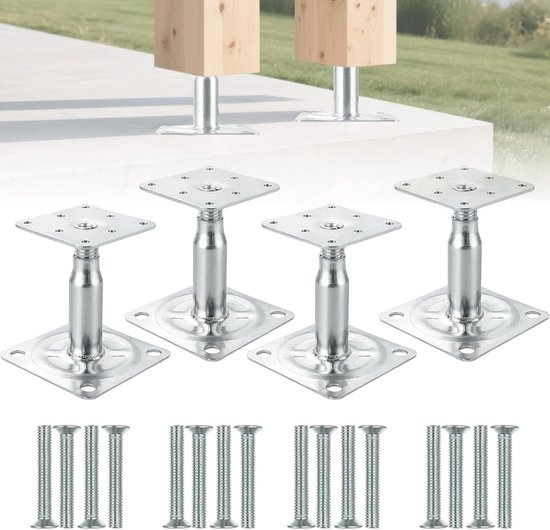 Set van 4 paaldragers, in hoogte verstelbaar, 100-145 mm, verzinkte paalschoen om vast te schroeven, steunvoet met schroeven, paalschoenen, verstelbare paalanker, steunvoet voor hekken, carport