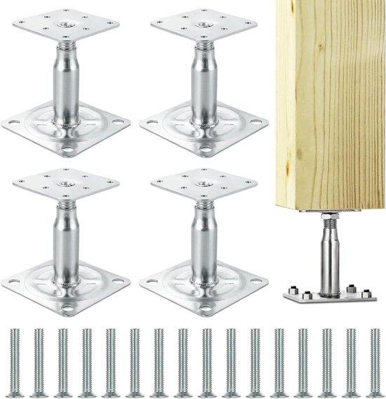 Set van 4 paaldragers, in hoogte verstelbaar, om vast te schroeven, galvanisch verzinkt, dikke laag gepassiveerd, verzinkt 100-150 mm paaldragers met 16 schroeven