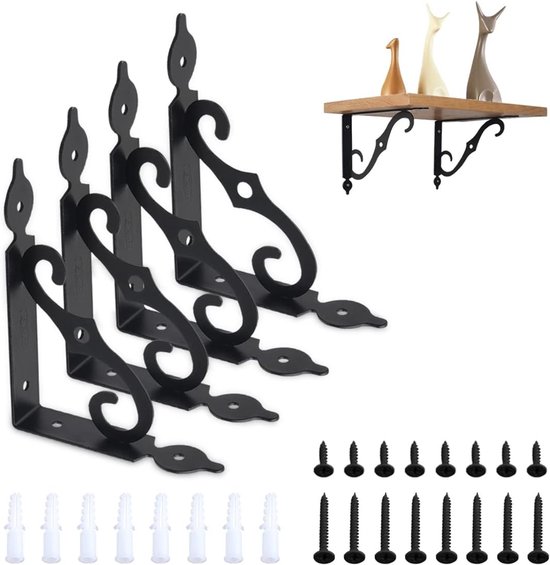 Set van 4 Planksteunen, 14 x 11 cm, Zwarte Metalen Plankdragers voor Wandconsoles in Leeromgevingen, Tuinen en Keukens