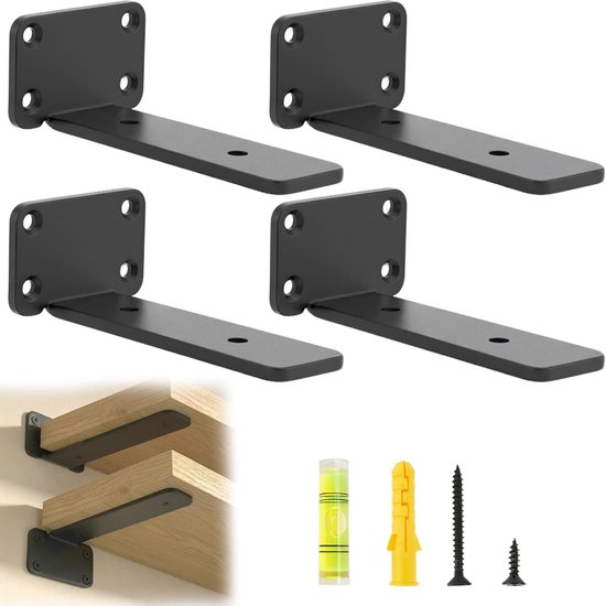Set van 4 rechte hoek wandplanken steunen, 10 cm, 70 kg draagvermogen, zwart, ideaal voor decoratie en opslag