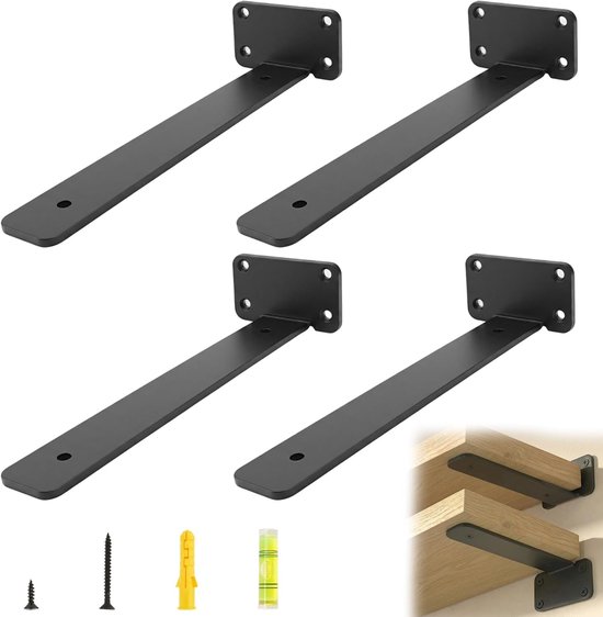 Set van 4 rechte hoek wandplanken steunen, 20 cm, 70 kg draagvermogen, zwart, ideaal voor decoratie en opslag