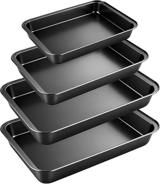 Set van 4 rechthoekige bakplaten met antiaanbaklaag, duurzaam staal, ideaal voor feesten en verjaardagen