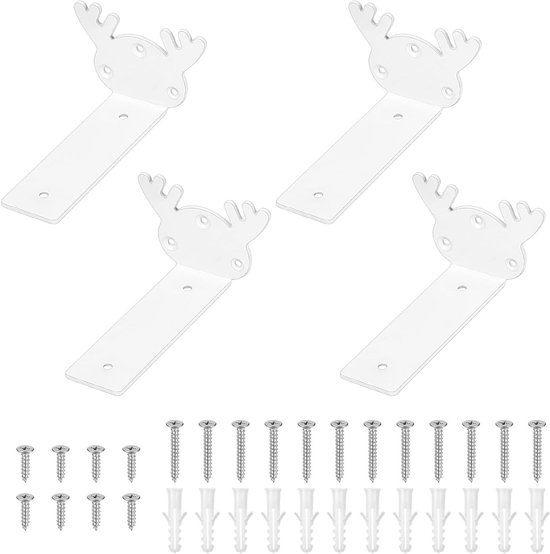 Set van 4 Sterke Wandbeugels voor Zwevende Planken, L-vormige Steunbeugels van Metaal, Ideaal voor Huiskamer en Keuken, Wit, 5 Inch Hert Hoorn Stijl