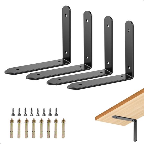 Set van 4 U-vormige metalen wandsteunen, 14 cm lang, 25 kg draagvermogen per paar voor uitschuifbare planken in woonkamer, keuken en badkamer, zwart van Merkloos
