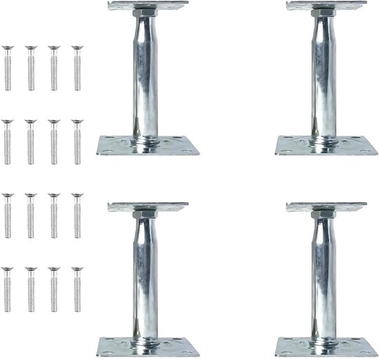 Set van 4 verstelbare paaldraagtjes van gegalvaniseerd staal, geschikt voor hekken, carports en pergola's, hoogte 100-150 mm
