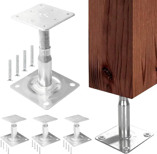 Set van 4 Verstelbare Poststeunen, Hoogte Instelbaar van 100-140 mm, Schroefbare Steunen voor Houten Balken, Ideaal voor Hekken, Schuilplaatsen en Carports