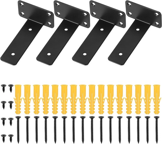Set van 4 Zwarte L-vormige Hoeksteunen voor Planken - Stevige, Onzichtbare Wandmontage voor Floating Shelves (125mm)