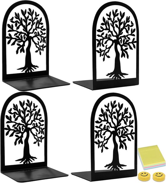 Set van 4 Zwarte Metalen Boekensteunen - Stevige Boomvormige Ontwerpen met Antislip - Decoratief voor School, Thuis en Kantoor - Onderwijsbenodigdheden en Organisatieaccessoires
