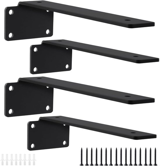 Set van 4 Zwarte Plankdragers, 250 x 5 mm, 90 Graden Steun, Metalen Wandmontage, Stevige Hoeksteunen voor Kantoor, Woonkamer en Keuken