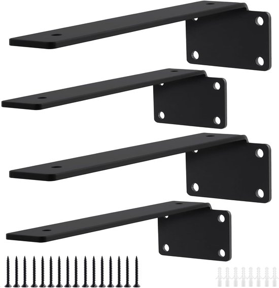 Set van 4 Zwarte Planksteunen, 250 x 5 mm, 90 Graden Plankondersteuning, Sterke Wandmontage voor Kantoor, Woonkamer en Keuken