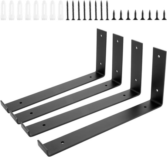 Set van 4 Zwarte Planksteunen, 30 x 3 x 0.5 cm, L-vormige Steun voor Wandplanken, Hoekhouder, Ideaal voor Planken en Decoratie