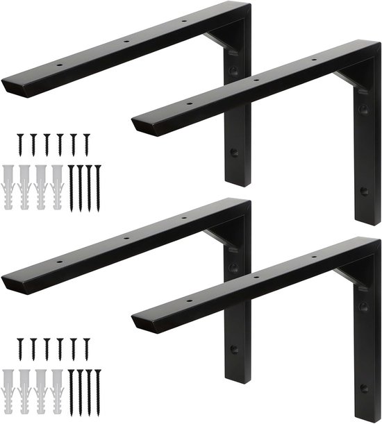 Set van 4 Zwarte Planksteunen - RVS L-vormige Wandplank Steunen met Driehoekige Versteviging, Hol Ontwerp en Inclusief Schroeven en Pluggen, 30 cm