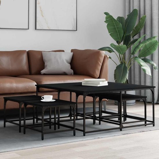Set van 5 tafels, zwart hout met industrieel design, voor woonkamer en kantoor, als salontafel of bijzettafel