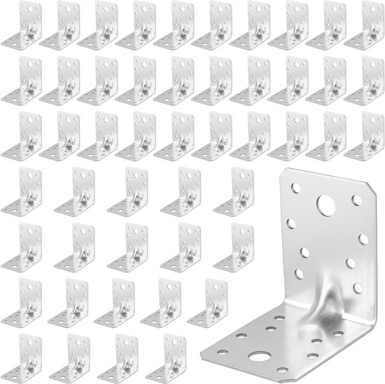 Set van 50 L-vormige hoekbeugels met geribbelde versterking voor stevige bevestiging van hout en metaal, 70 x 70 x 55 x 1,8 mm