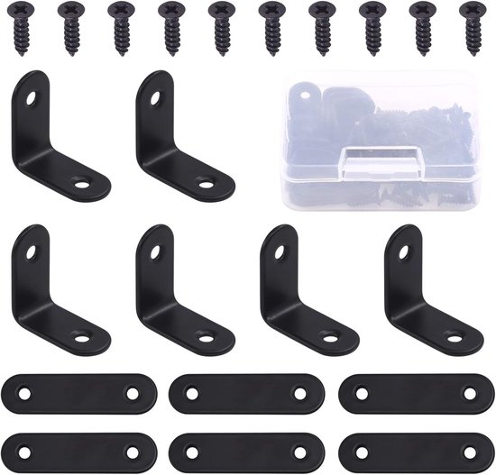 Set van 56 zwarte roestvrijstalen hoekbeugels in L-vorm en platte plankhouders, verbindingsplaat met schroeven (25 x 25 x 2 mm, 50 x 2 mm)