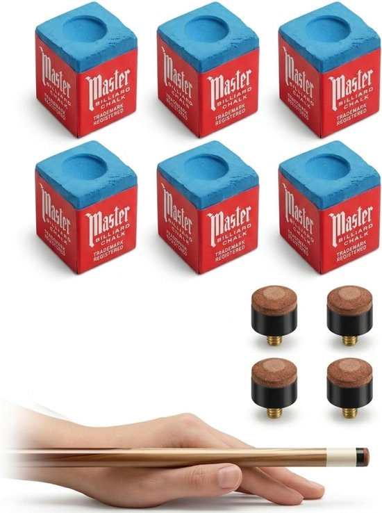 Set van 6 biljartkrijtjes met 2 keuclips en 4 vervangende tips voor biljartaccessoires, professionele keu-tip verzorging en nauwkeurige impactcontrole