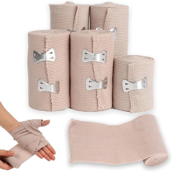 Set van 6 Elastische Compressiebandages met Metalen Clips - Ademend Verband voor Pols, Enkel en Knie (5/7.5/10cm) - Ideaal voor Sportblessures en Herstel