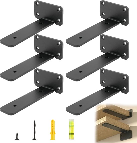 Set van 6 Hoekige Drijvende Plankbeugels van 15 cm met een Draagcapaciteit van 70 kg, Zwart, Ideaal voor Wandplanken en Decoratie