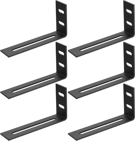 Set van 6 Hoeksteunen voor Meubels, Verstelbare 90 Graden L-vormige Metaalsteunen met Sleuven - Zwart, 10.5 x 5.4 x 2.5cm, Ideaal voor Klussen en Verbouwingen