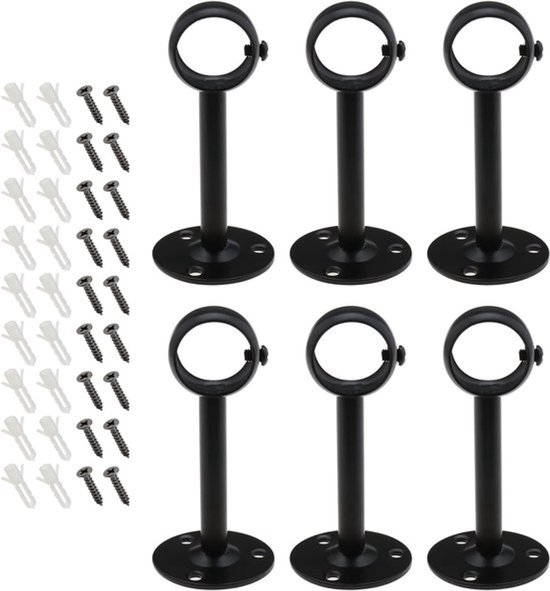 Set van 6 metalen gordijnsteunen voor plafondmontage met schroeven en verlengbuizen - ideaal voor thuis, keuken en kast - zwarte kleur