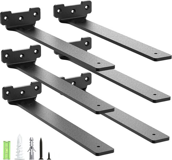Set van 6 metalen planksteunen 30 cm met schroeven, 70 kg draagvermogen, zwart voor stevige planken