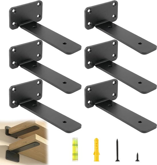 Set van 6 rechte hoek zwevende plankensteunen van 15 cm met een draagvermogen van 70 kg, zwart en stevig