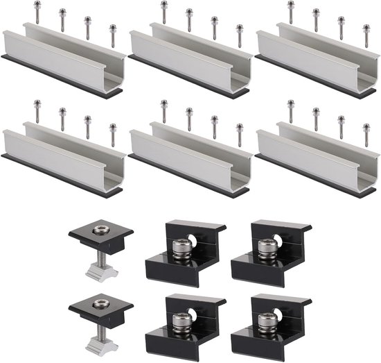 Set van 6 Solar Panel Beugels met 12cm Aluminium Profiel, Verstelbare Steunen voor Trapeziumdaken en Metalen Daken, Inclusief Rails en Accessoires