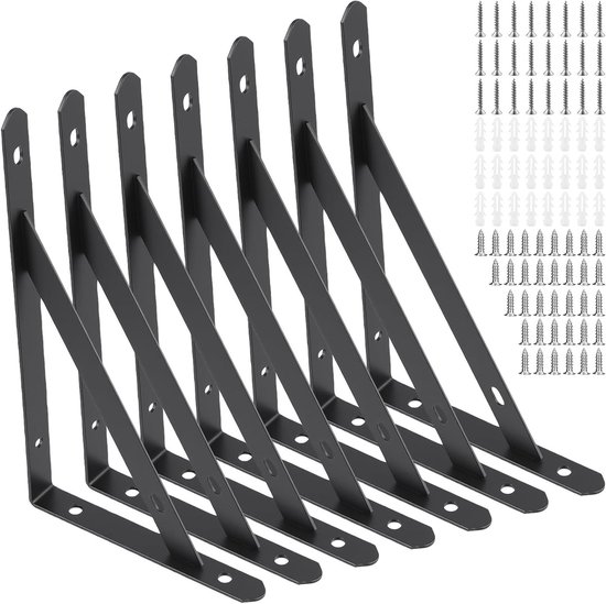 Set van 6 stevige hoekplanken, metalen wandmontage met schroeven en expansiebuis, 90 graden hoeksteunen voor muurplanken, ideaal voor opslag en organisatie in hoeken