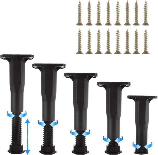 Set van 6 Verstelbare Plastic Bedpoten 20-38 cm voor Bedframe en Meubels, Ondersteuningspoten voor TV-kast en Meubelverhogers