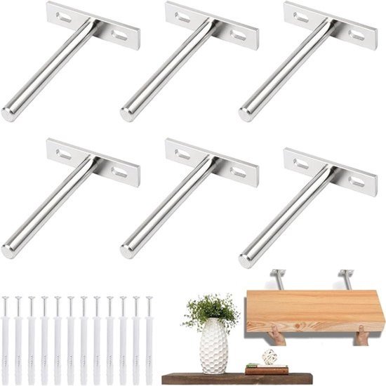Set van 6 Verstevigingsbeugels voor Zwevende Planken, 5 Inch Onzichtbare Planksteunen met Schroeven voor Houten Planken en Wandmontage