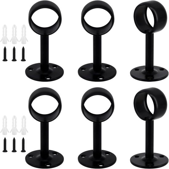 Set van 6 zwarte 22mm roestvrijstalen gordijnsteunen voor wand- en plafondmontage, inclusief schroeven voor kast en badkamer
