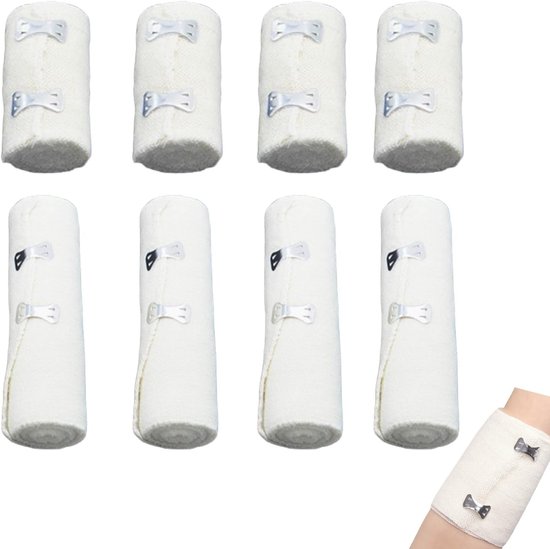Set van 8 Elastische Verbanden, Drukverbanden met Metalen Clips, Zelfklevende Verbanden voor Enkelondersteuning, Arm, Been of Borstblessures