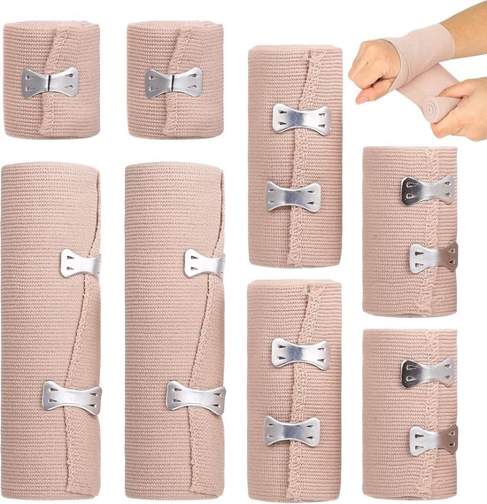 Set van 8 Herbruikbare Compressiebandages voor Ondersteuning van Enkel, Knie, Pols en Voet - Wasbaar en Elastisch met Zelfsluitende Clips (5/7.5/10/15cm) x 4.5m