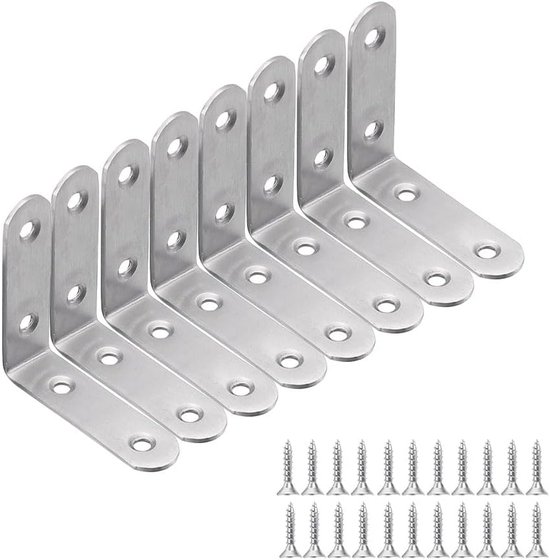 Set van 8 metalen hoeken, 50 × 50 mm, bevestigingshoek, 90 graden, roestvrijstalen hoek met 32 schroeven, kleine metalen hoek voor bevestiging van houten meubels