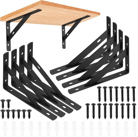 Set van 8 metalen hoeksteunen voor wandmontage, zware kwaliteit, 90 graden, driehoekige plankensteunen, 150 x 95 mm, zwart, ideaal voor opslag en organisatie