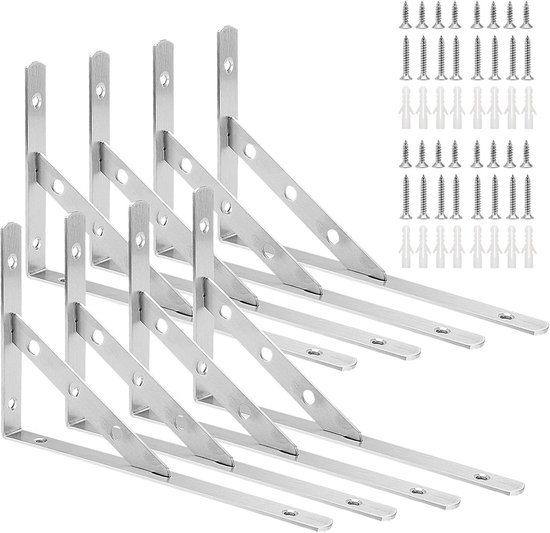 Set van 8 stevige metalen plankdragers 250 x 150 x 20 mm, 30 kg draagvermogen, voor wandplanken en keukens, inclusief schroeven en 90 graden hoekbeugel